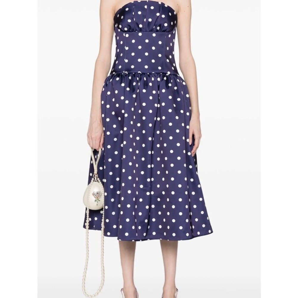 Self Portrait Navy Blue Polka Dot Strapless Midi Dress size US 2 NWT